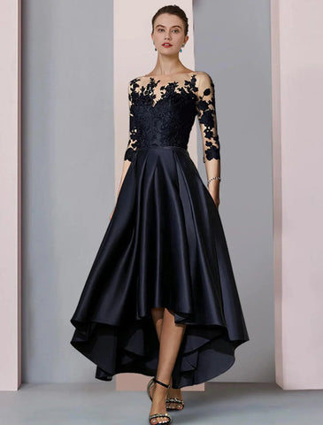 Kleid für die Mutter der Braut, Hochzeitsgast, elegant, hoch, tief, U-Ausschnitt, asymmetrisch, knielang, Satin, Spitze, 3/4-Ärmel mit Falten