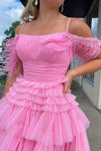 Vestidos de Fiesta para el Baile de Regreso a Casa en Línea A de Tul con Plumas Rosas Lindos
