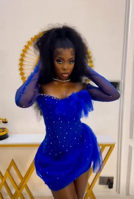 Impactante Vestido de Cóctel de Tul Azul Real con Abalorios, Vestido Corto de Fiesta, Vestido para el Baile de Bienvenida Y7710