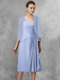 Zweiteiliges A-Linien-Kleid für die Mutter der Braut, Hochzeitsgast, eleganter quadratischer Ausschnitt, knielang, Chiffon, Spitze, halbe Ärmel, Wickelkleid inklusive, seitlich drapierte Applikationen