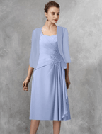 Vestido de mãe da noiva em duas peças, corte A, elegante, decote quadrado, comprimento chá, chiffon, renda, manga curta, wrap, incluído com aplicações, drapeado lateral