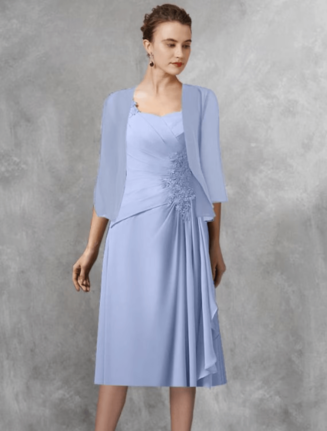 Vestido de mãe da noiva em duas peças, corte A, elegante, decote quadrado, comprimento chá, chiffon, renda, manga curta, wrap, incluído com aplicações, drapeado lateral