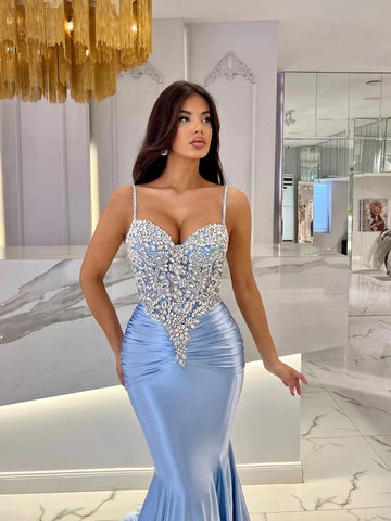 Mermaid Long Sweetheart Sleeveless Satin Evening Dresses with Beads