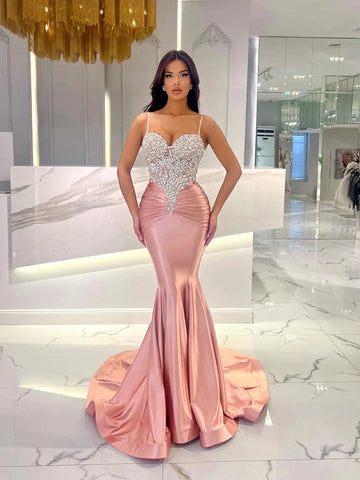 Mermaid Long Sweetheart Sleeveless Satin Evening Dresses with Beads