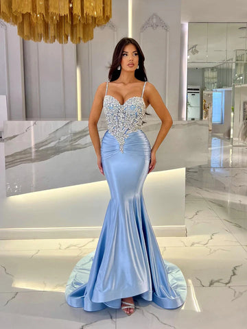 Mermaid Long Sweetheart Sleeveless Satin Evening Dresses with Beads