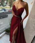Vestidos de Noche Largos de Satén Color Borgoña en Estilo Sirena con Abertura y Escote Corazón