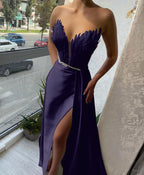 Burgundy Long Sweetheart Satin Mermaid Evening Dresses with Slit