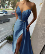 Burgundy Long Sweetheart Satin Mermaid Evening Dresses with Slit