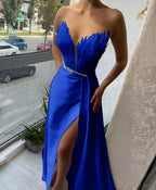 Burgundy Long Sweetheart Satin Mermaid Evening Dresses with Slit