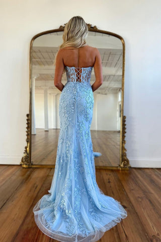 Sky Blue Long Mermaid Sweetheart Appliques Lace Evening Dresses