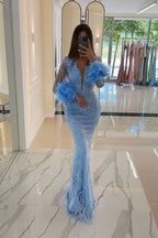 Long Sleeves Mermaid V-neck Tulle Evening Dress with Feather Appliques