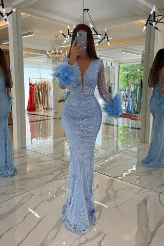 Long Sleeves Mermaid V-neck Tulle Evening Dress with Feather Appliques