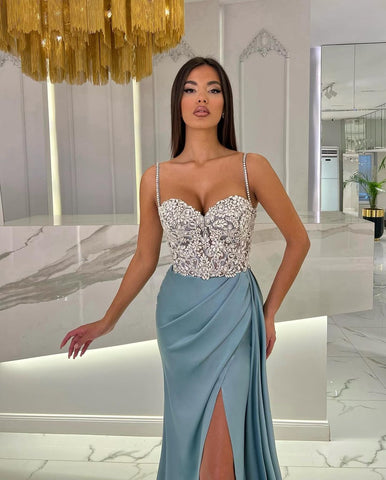 Black Long Mermaid Spaghetti Strap Sweetheart Evening Dress with High Slit