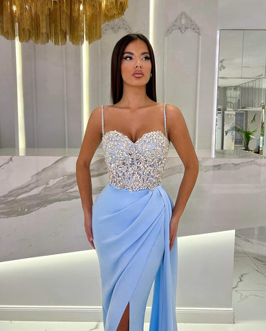 Black Long Mermaid Spaghetti Strap Sweetheart Evening Dress with High Slit