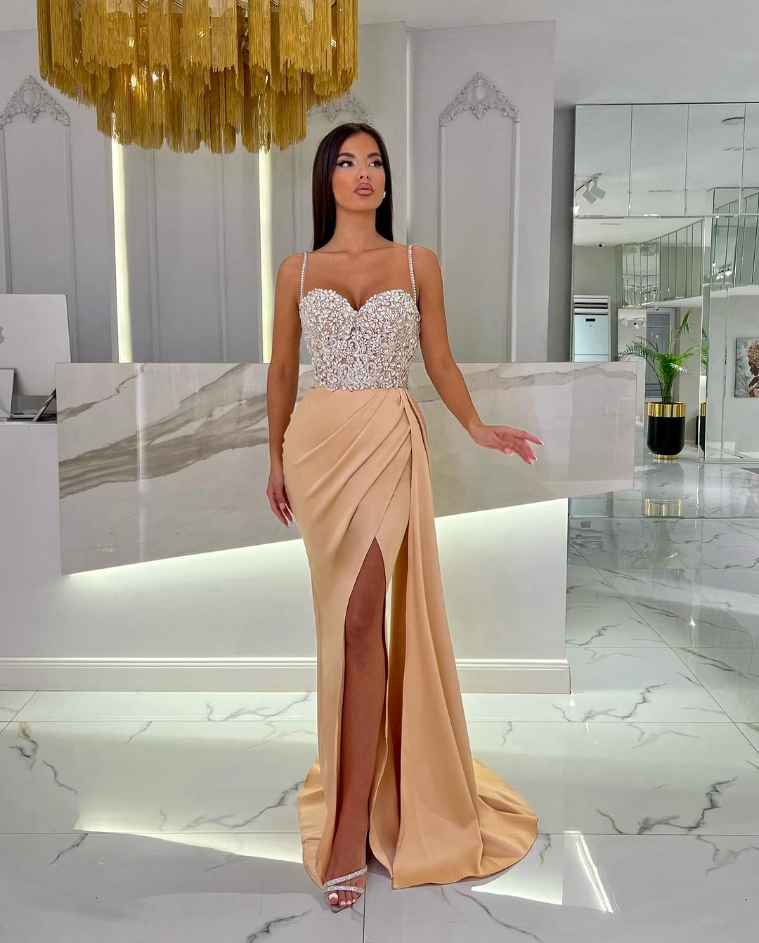 Black Long Mermaid Spaghetti Strap Sweetheart Evening Dress with High Slit