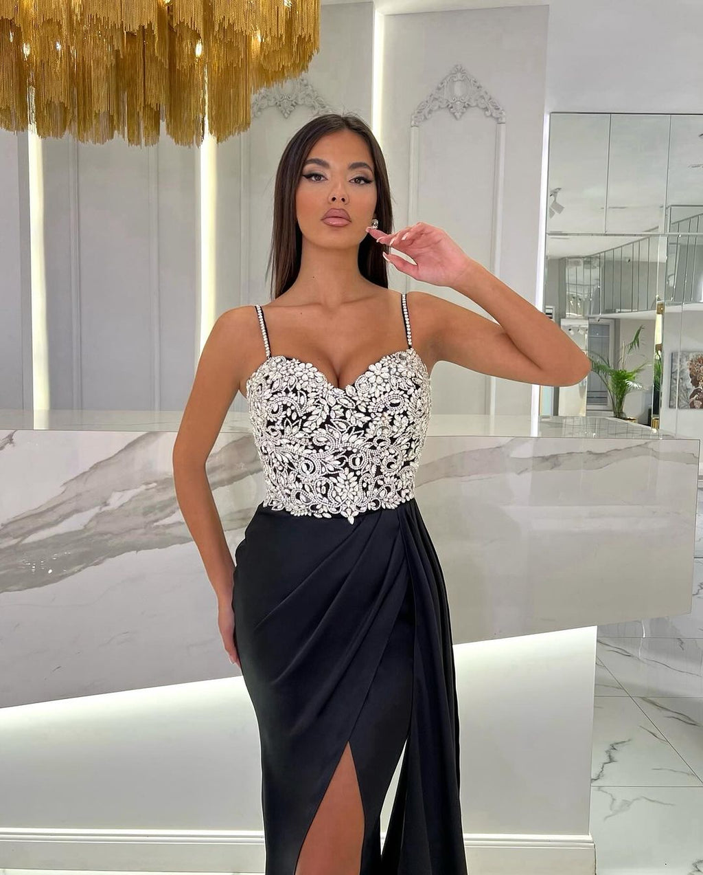 Black Long Mermaid Spaghetti Strap Sweetheart Evening Dress with High Slit