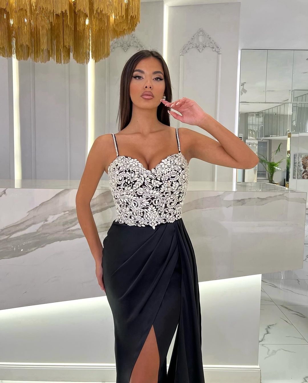 Black Long Mermaid Spaghetti Strap Sweetheart Evening Dress with High Slit