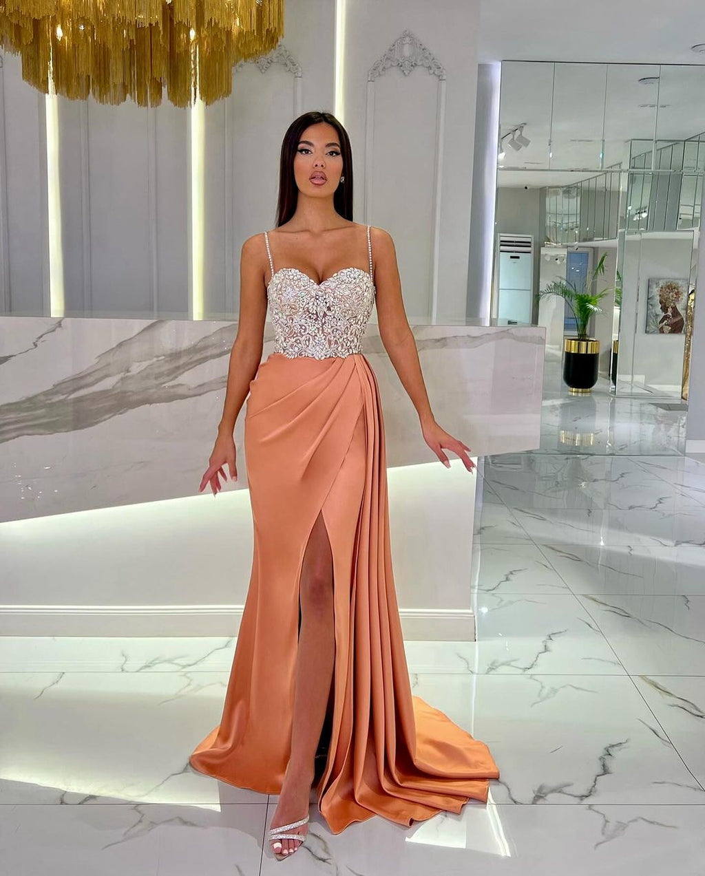 Black Long Mermaid Spaghetti Strap Sweetheart Evening Dress with High Slit