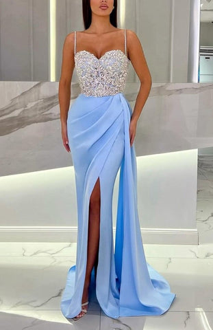 Black Long Mermaid Spaghetti Strap Sweetheart Evening Dress with High Slit