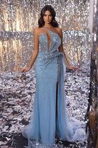 Sky Blue Sequins Sleeveless Long Mermaid Evening Dresses with High Slit