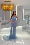 Vestidos de noche sirena largos sin tirantes con escote corazón, abalorios y mangas