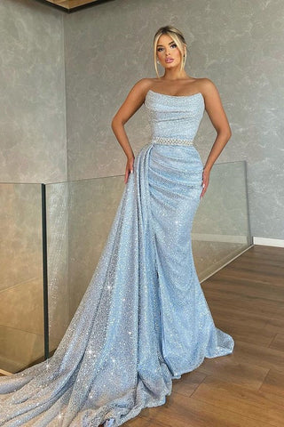Sky Blue Long Strapless Sleeveless Mermaid Sequins Evening Dresses