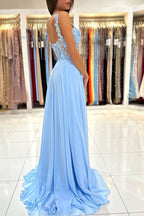 Sky Blue Sweetheart A-Line Chiffon Lace Long Evening Dress with Slit