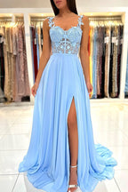 Sky Blue Sweetheart A-Line Chiffon Lace Long Evening Dress with Slit