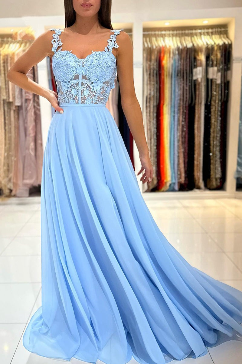 Sky Blue Sweetheart A-Line Chiffon Lace Long Evening Dress with Slit