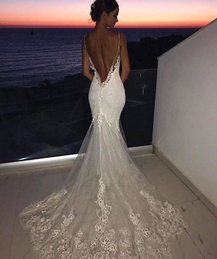 Rückenfreies Hochzeitskleid Spitze Meerjungfrau Schönes Trägerkleid Brautkleid