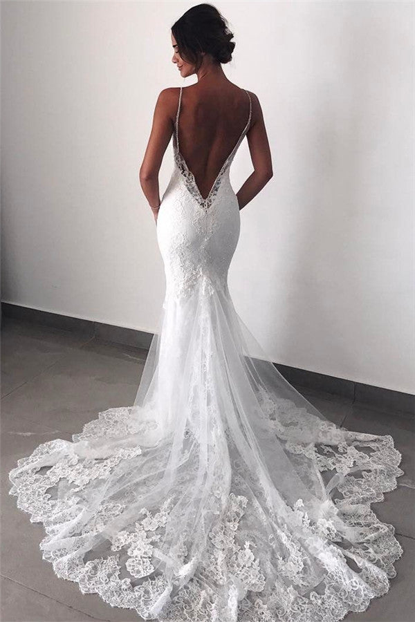 Rückenfreies Hochzeitskleid Spitze Meerjungfrau Schönes Trägerkleid Brautkleid