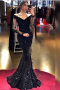 Abito da Sera Sirena Nero Lungo con Spalle Scoperte e Maniche in Paillettes