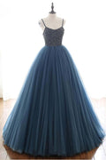 Ballkleid Tiefblaues Tüll-Ballkleid Abendkleid mit Perlenbesatz PSK143