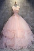 Ballkleid, bodenlang, ärmellos, Lagen, Tüll, Rüschen, Blumenmuster, Ballkleid PG946