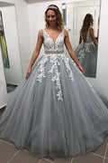 Ballkleid Grau V-Ausschnitt Lange Ballkleider Tüll Abendkleider PG847