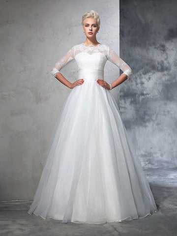 Duchesse-Linie Juwel-Applikation 3/4 Ärmel Lang Organza Brautkleider