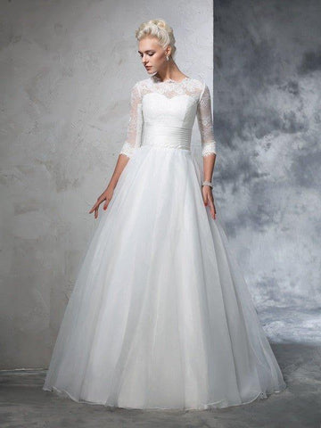 Duchesse-Linie Juwel-Applikation 3/4 Ärmel Lang Organza Brautkleider