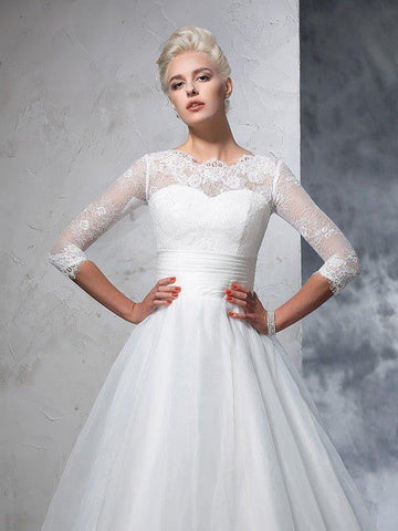 Duchesse-Linie Juwel-Applikation 3/4 Ärmel Lang Organza Brautkleider