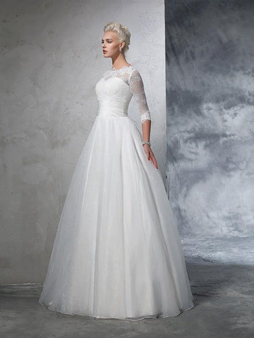 Duchesse-Linie Juwel-Applikation 3/4 Ärmel Lang Organza Brautkleider