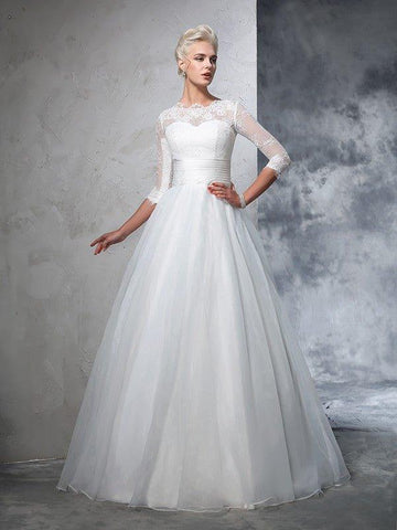 Duchesse-Linie Juwel-Applikation 3/4 Ärmel Lang Organza Brautkleider