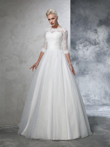 Duchesse-Linie Juwel-Applikation 3/4 Ärmel Lang Organza Brautkleider