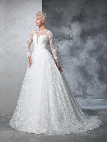 Duchesse-Linie Juwel-Ausschnitt Spitze Lange Ärmel Lange Spitze Brautkleider