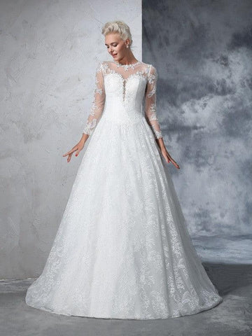 Duchesse-Linie Juwel-Ausschnitt Spitze Lange Ärmel Lange Spitze Brautkleider