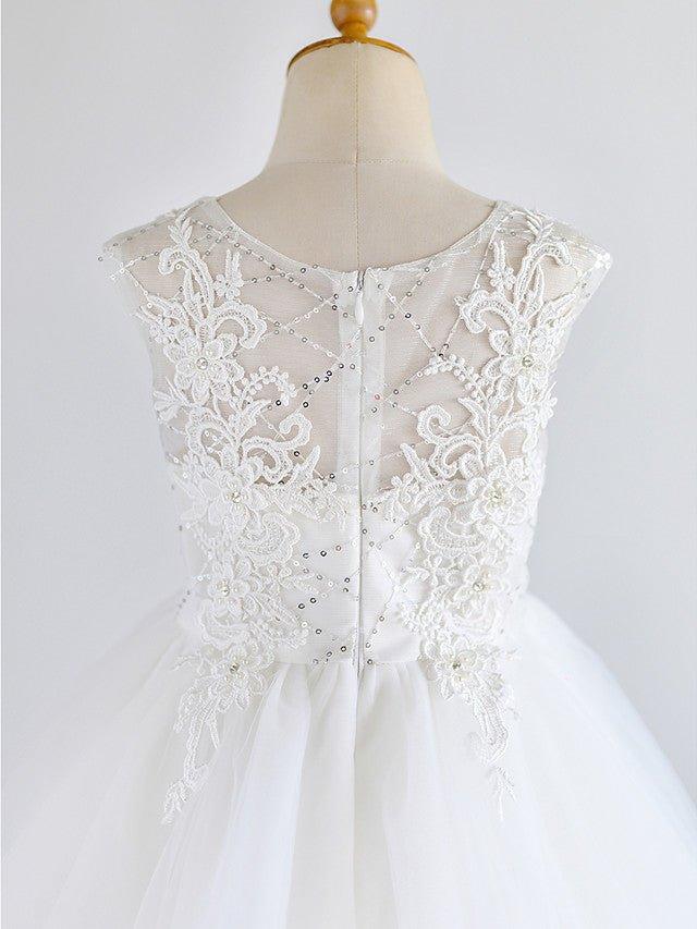 NumberSea - Ball Gown Lace Tulle Sleeveless Jewel Neck Asymmetrical Wedding First Communion Birthday Flower Girl Dresses