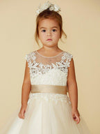 NumberSea - Ball Gown Lace Tulle Sleeveless Jewel Neck Wedding Party Pageant Flower Girl Dresses