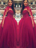 Vestidos de baile de mangas compridas, gola alta, aplicações, comprimento até ao chão, tule
