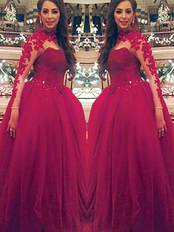 Vestidos de baile de mangas compridas, gola alta, aplicações, comprimento até ao chão, tule