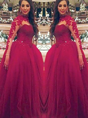 Ball Gown Long Sleeves High Neck Applique Floor-Length Tulle Prom Dresses