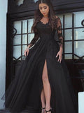 Abito da Ballo a Maniche Lunghe Scollato sulle Spalle Lungo fino a Terra in Tulle con Applique per il Ballo