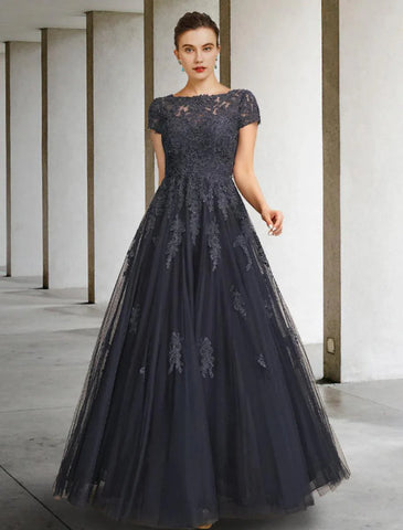 Ballkleid für die Mutter der Braut, luxuriös, elegant, mit Rundhalsausschnitt, bodenlang, Spitze, Tüll, kurze Ärmel mit Kristallapplikationen